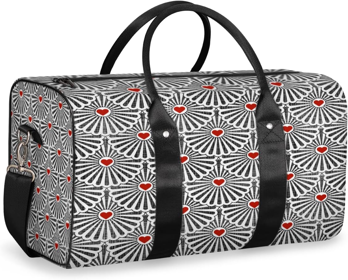 Vintage Heart Scalloped Travel Duffel Bag for Women Men Large Capacity Overnight Weekender Bags for Lightweight Waterproof Sport Gym Bag for Workout Yoga Swim