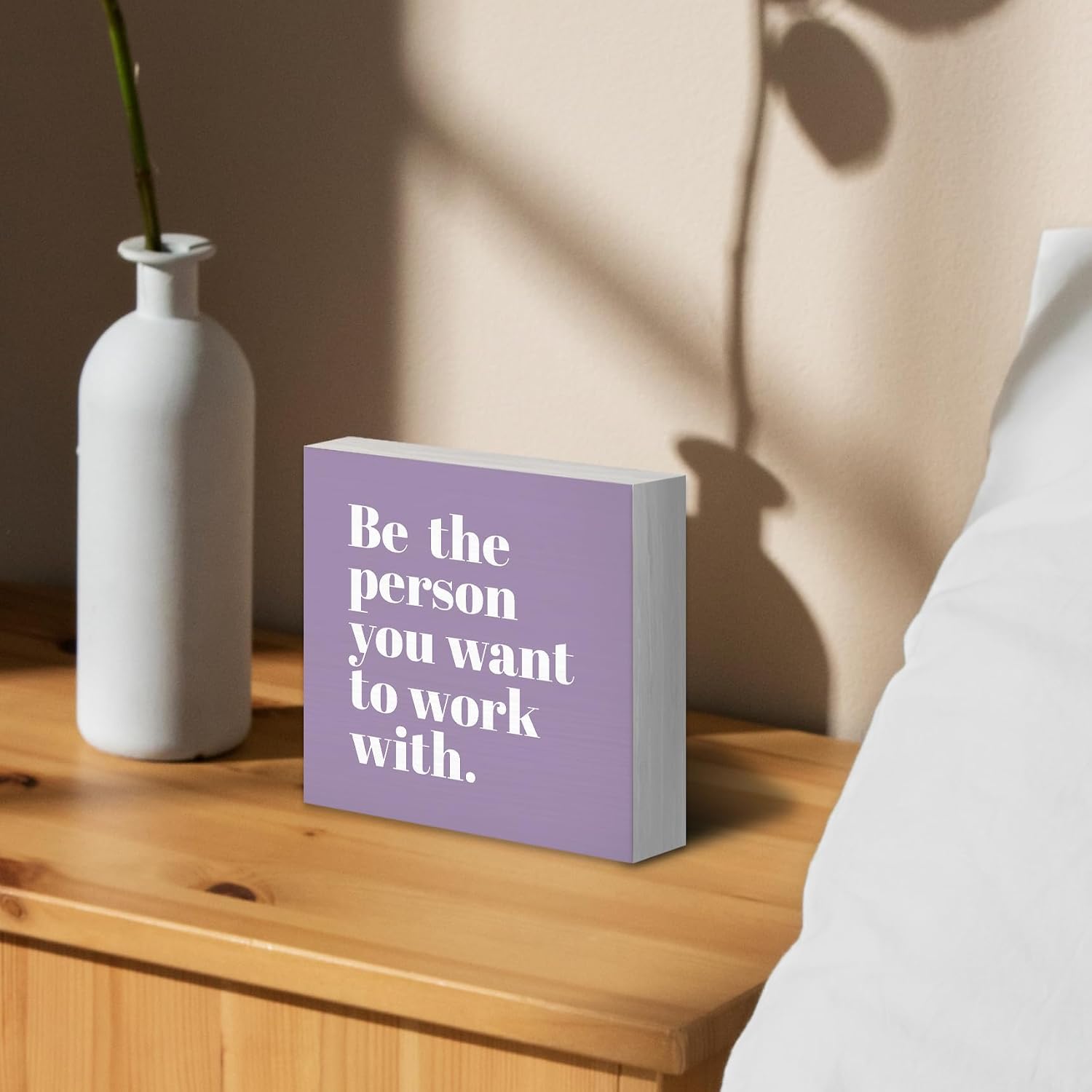 Be The Person You Want to Work With Inspirational Purple Wood Box Sign Desk Decor 6X6, Teamwork Motivationa Purple Wooden Block Sign Decorations for Home Office Workplace Wall Tabletop Shelf image 3