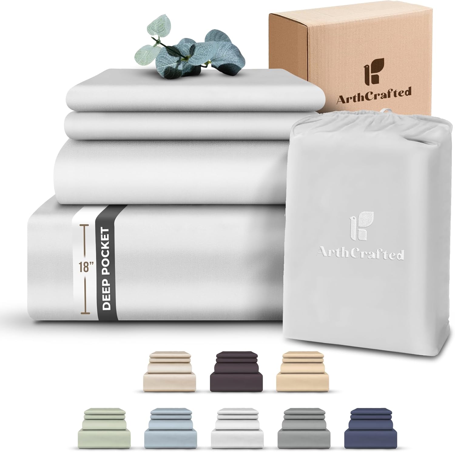 100% Eucalyptus Tencel King Bed Sheets, 18 Inch Deep Pocket King Size Sheets, Cooling Sheets with Elastic Corner Straps, Eucalyptus Silk Tencel Lyocell (Cool Grey, 4PC King)