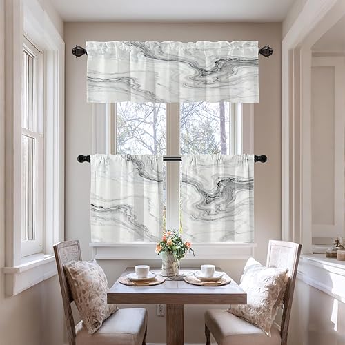 Miniatura 6 de BaoNews Cortinas opacas de mármol abstracto blanco y gris para ventanas, cenefas opacas de poliéster multicapa para cocina, paquete de 2 unidades,