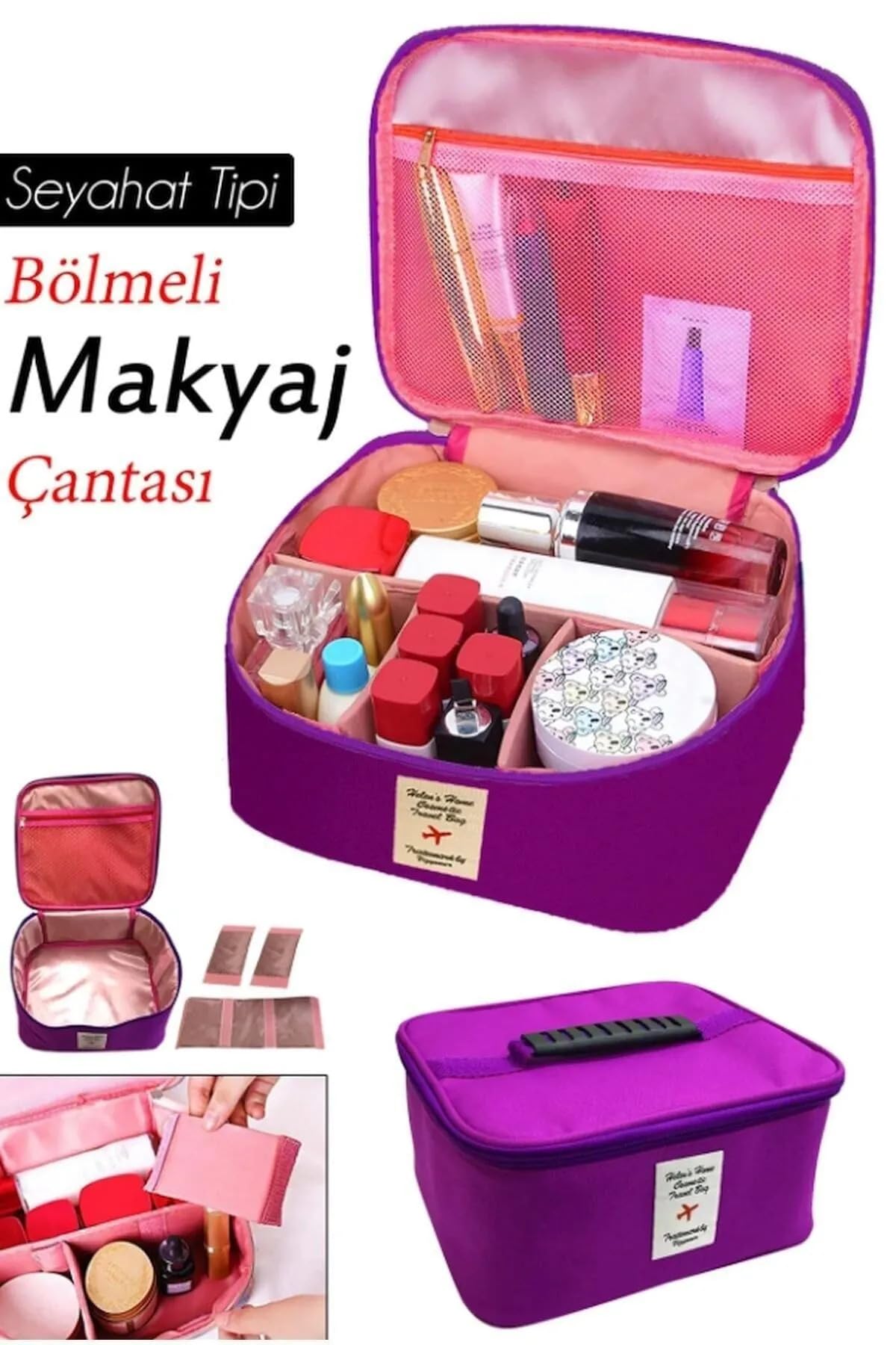 Seyahat Tipi Bölmeli Makyaj Kozmetik Çantası Organizer (Mor)