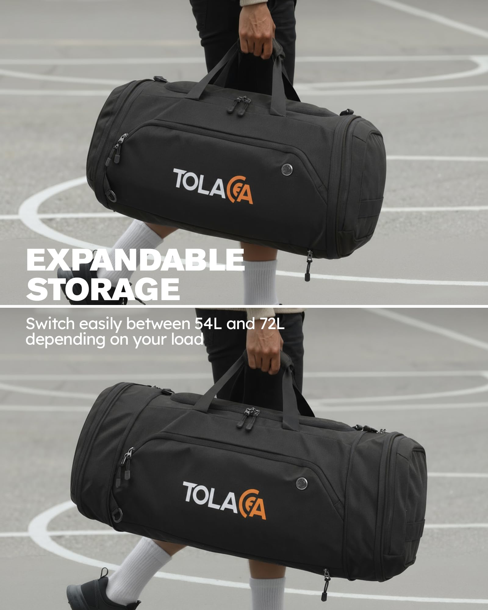 Tolaccea Borsone Palestra Estensibile 56–70L Uomo Donna – Borsa da Viaggio con Scomparto Scarpe & Tasca Umida, Trasformabile in Zaino, per Palestra, Fitness, Nuoto, Calcio, Viaggi(Nero)