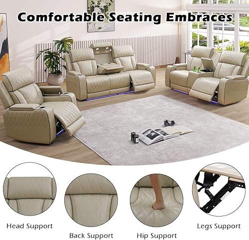 Miniatura 4 de Juego de sofá reclinable eléctrico para sala de estar, juego de sofá reclinable de cuero con luces LED, puertos USB, almacenamiento oculto, juego