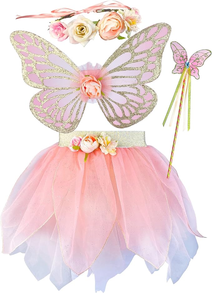 Girls Fairy Costume Set with Butterfly Wings Tutu Wand and Halo Headban