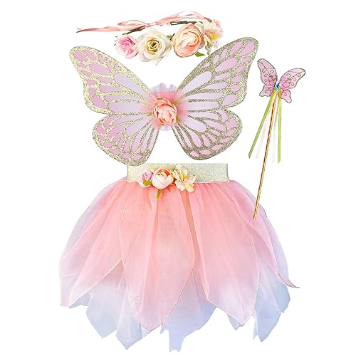 DJDLPARTY Girls Fairy Costume Set with Butterfly Wings Tutu Wand