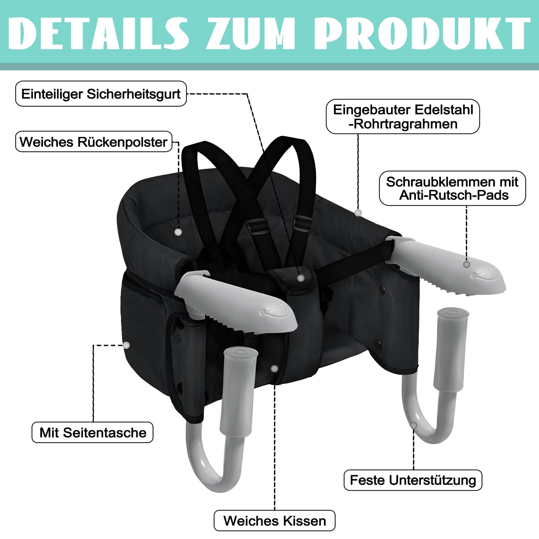 SUBTLETY Tischsitz Faltbar Babystuhl Babysitz mit Transporttasche Rutschfest Klemmen und Sitztasche Tragbarer Baby Hochstuhl für 2-8 cm Dicke Tisch Boostersitz Kinderstuhl Belastbarkeit 15 kg, Schwarz