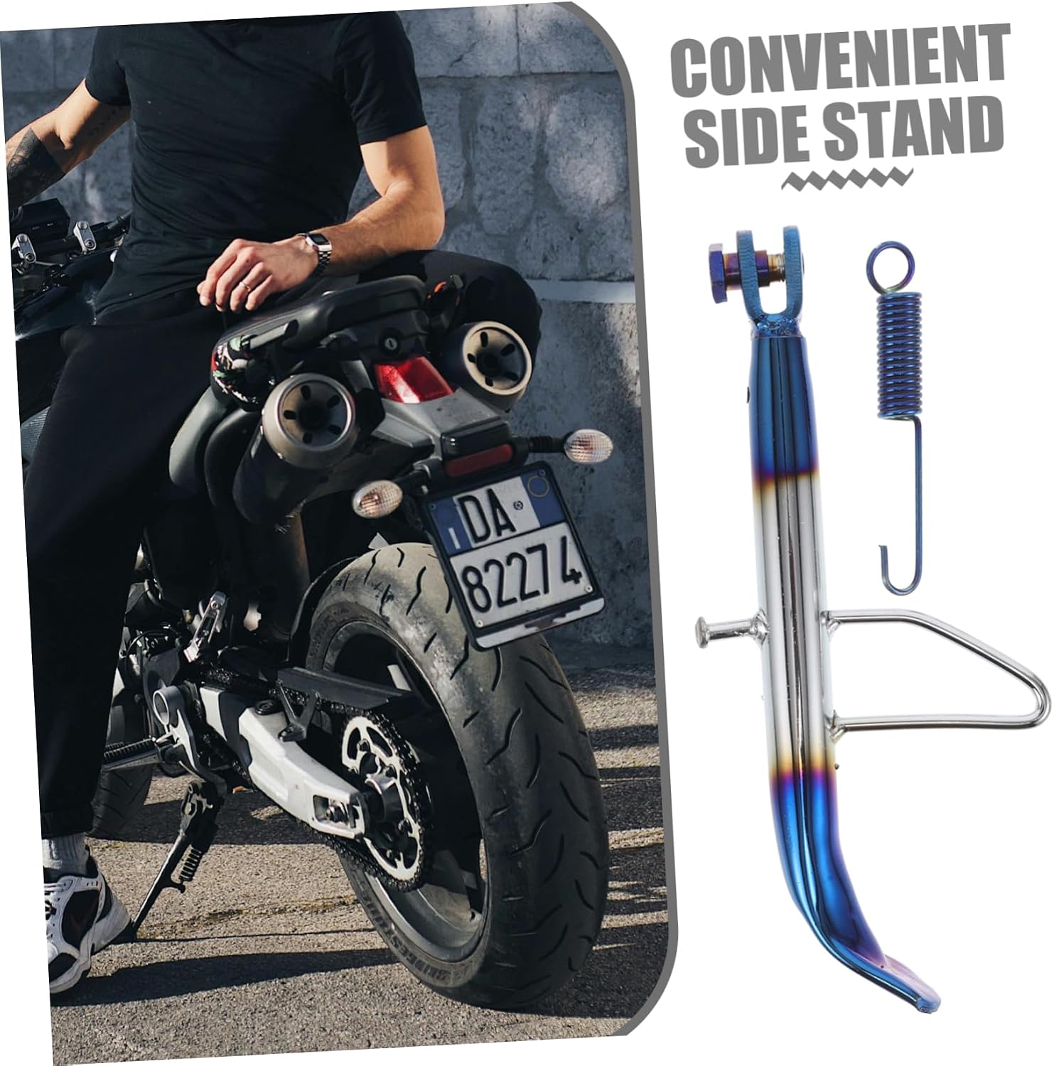 PRETYZOOM Universal Motorcycle Kickstand Colorful Titanium Coated Side Support Stand for Electric Motorbikes Adjustable Foot Side Stand with Spring for Enhanced Stability