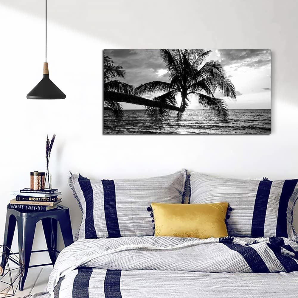 Black and White Palm Tree Canvas Wall Art -Black White Ocean Nature Print -Modern Nature Picture Painting Artwork Framed for Bathroom Living Room Office Wall Decor-20 x40 inch