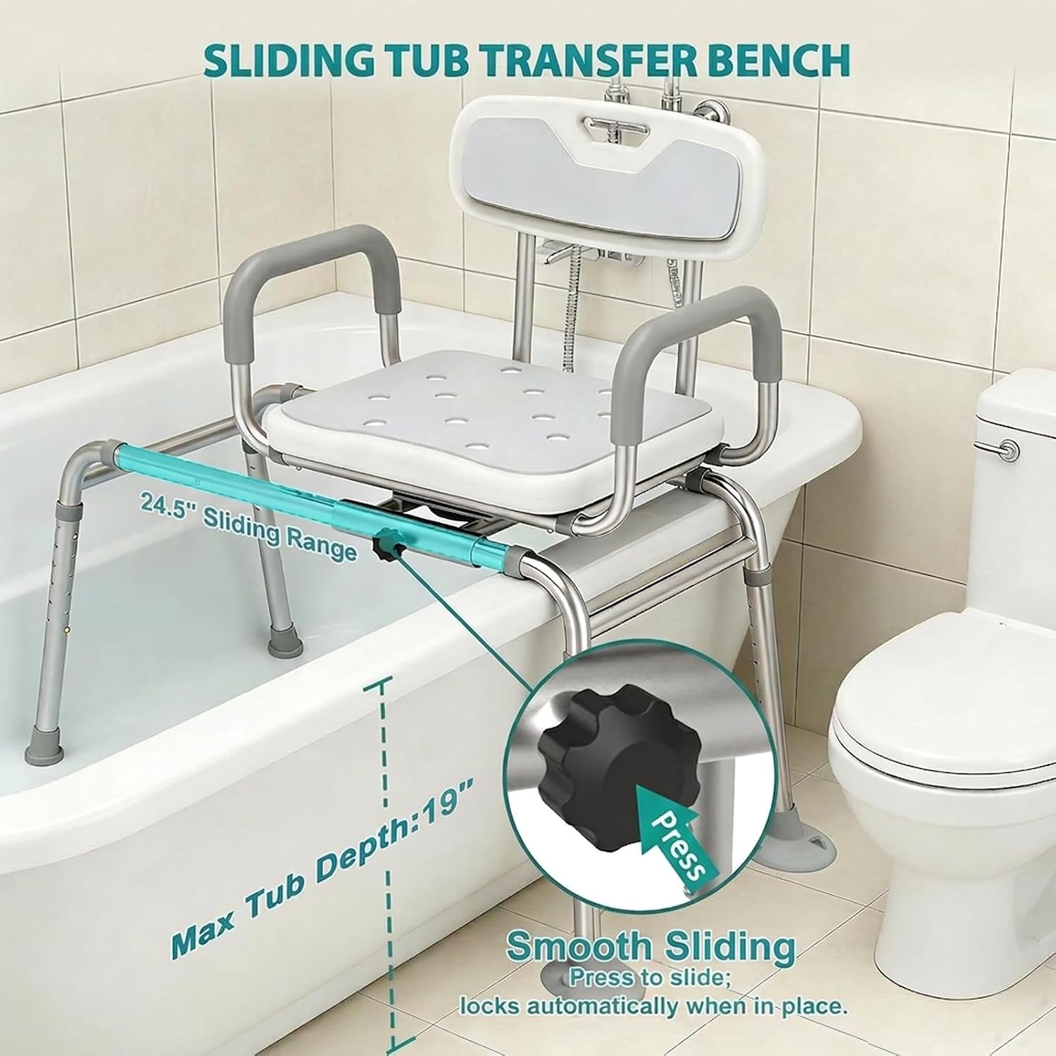UNILEAF Tub Transfer Bench with Swivel Seat, 350 lb Sliding Shower Chair | Adjustable Height,360° Swivel Seat,Suction Cup Feet,Safety Strap for Seniors,Adulto Mayor Obese,FSA/HSA Eligible