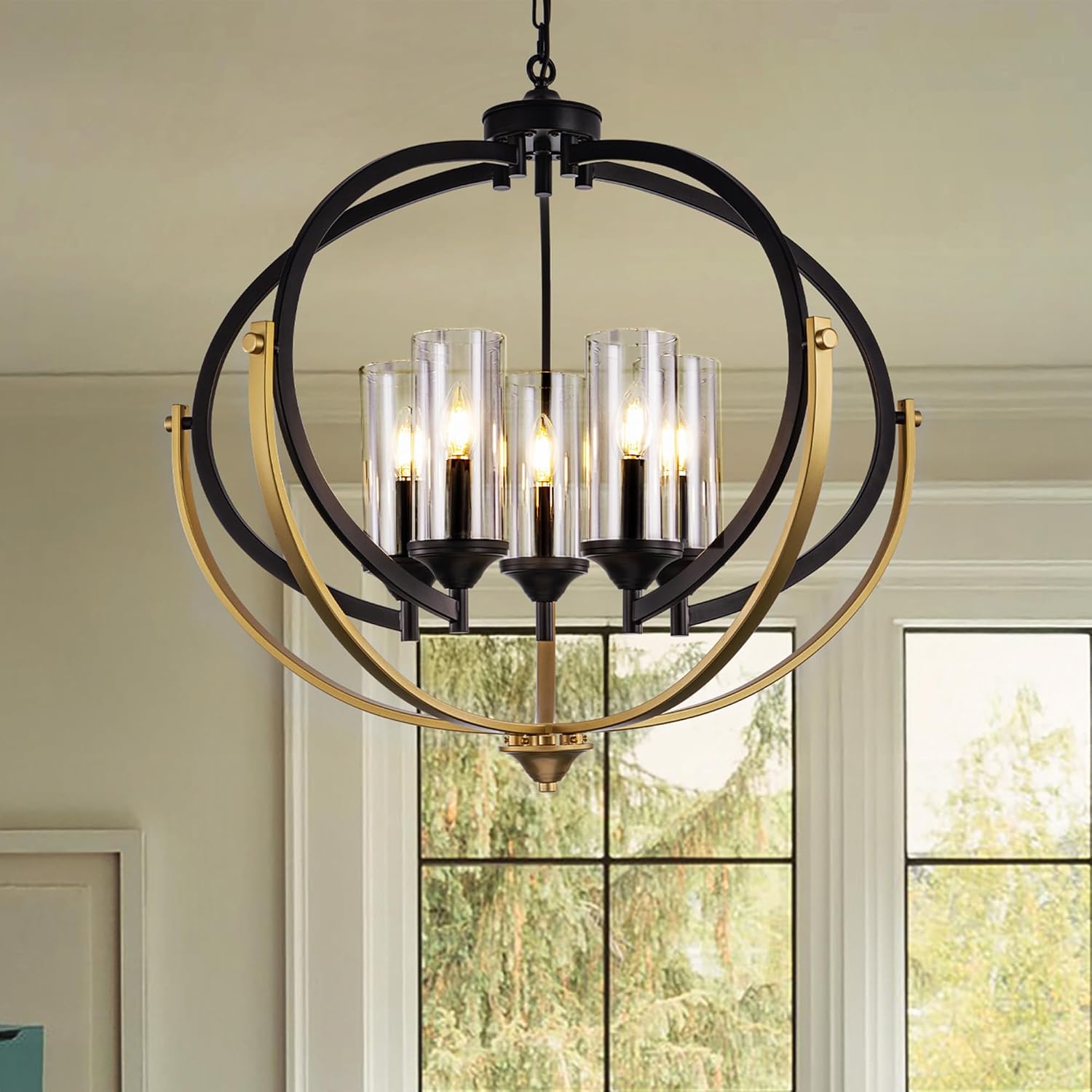 TOCHIC Black Gold Chandelier, 34" Modern Orb Chandelier with Clear ...