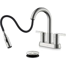 KENES Brushed Nickel Pull Down Bathroom Faucet, 4 Inch 2 Handle Centerset Bathroom Faucet 3 Hole with Pull Out Sprayer, Bathroom Sink Faucet with Pop Up Drain & Supply Lines LJ-9069
