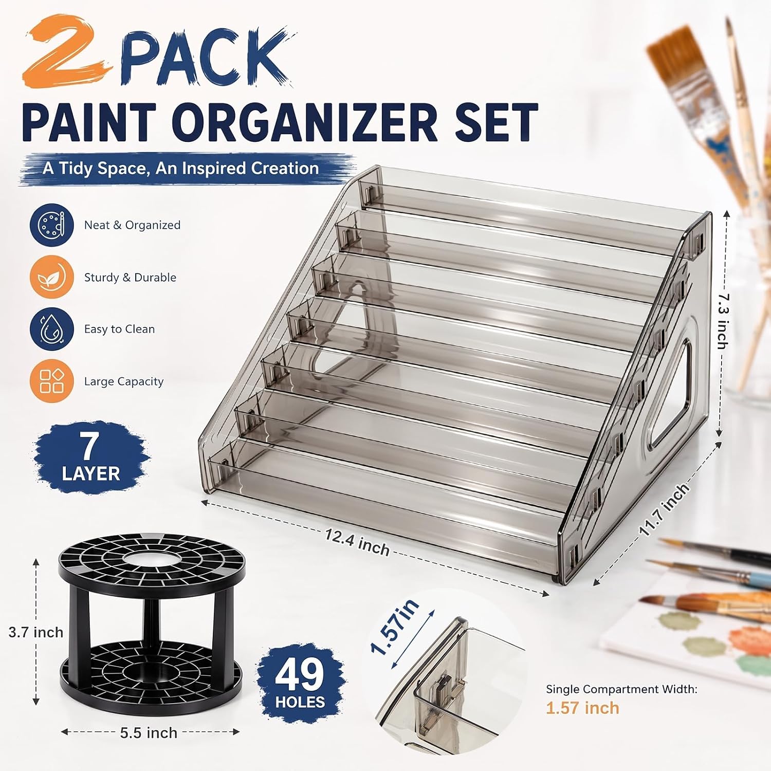 4 Pcs 7 Tier Acrylic Paint Organizer Rack + Paint Brush Holder Storage Set