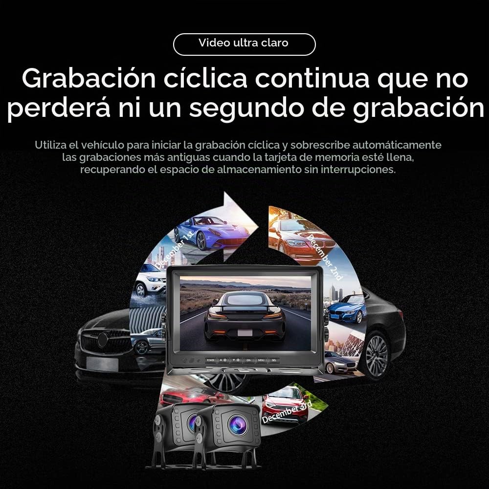 CAMECHO Cámara Marcha Atras Kit y 9 Pulgadas LCD Monitor+2* AHD Camara Trasera Coche con DVR Grabación Video, Impermeable 18IR Visión Nocturna+Cable de 2 x 10 m/12V-35V para Camion/Bus/Remolques/RV