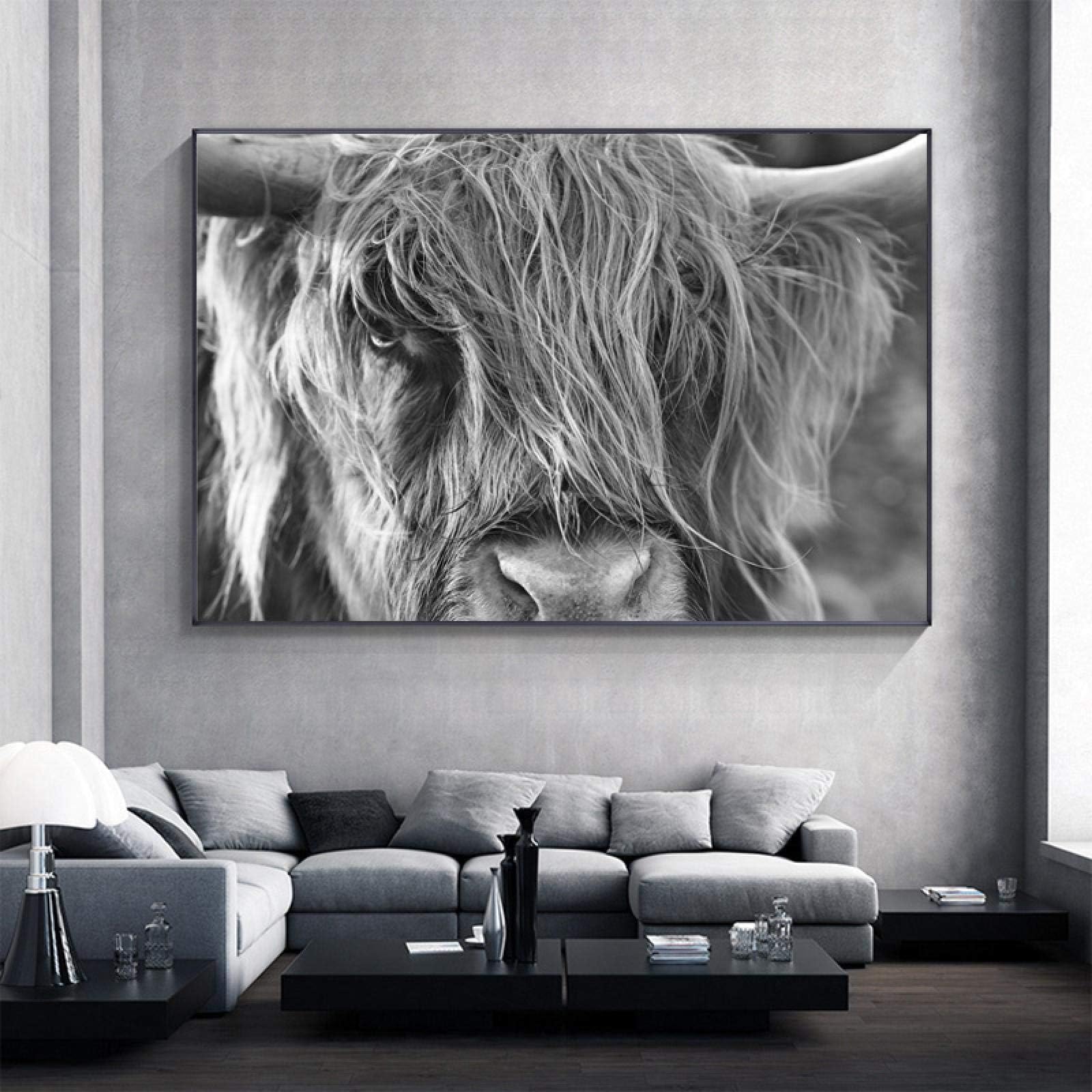 HYFBH Highland Cow Animal Canvas Painting Framed Poster Cattle Print Black White Art Wall Picture for Living Room Home Decor 100x140cm/39x55inch With-Black-Frame
