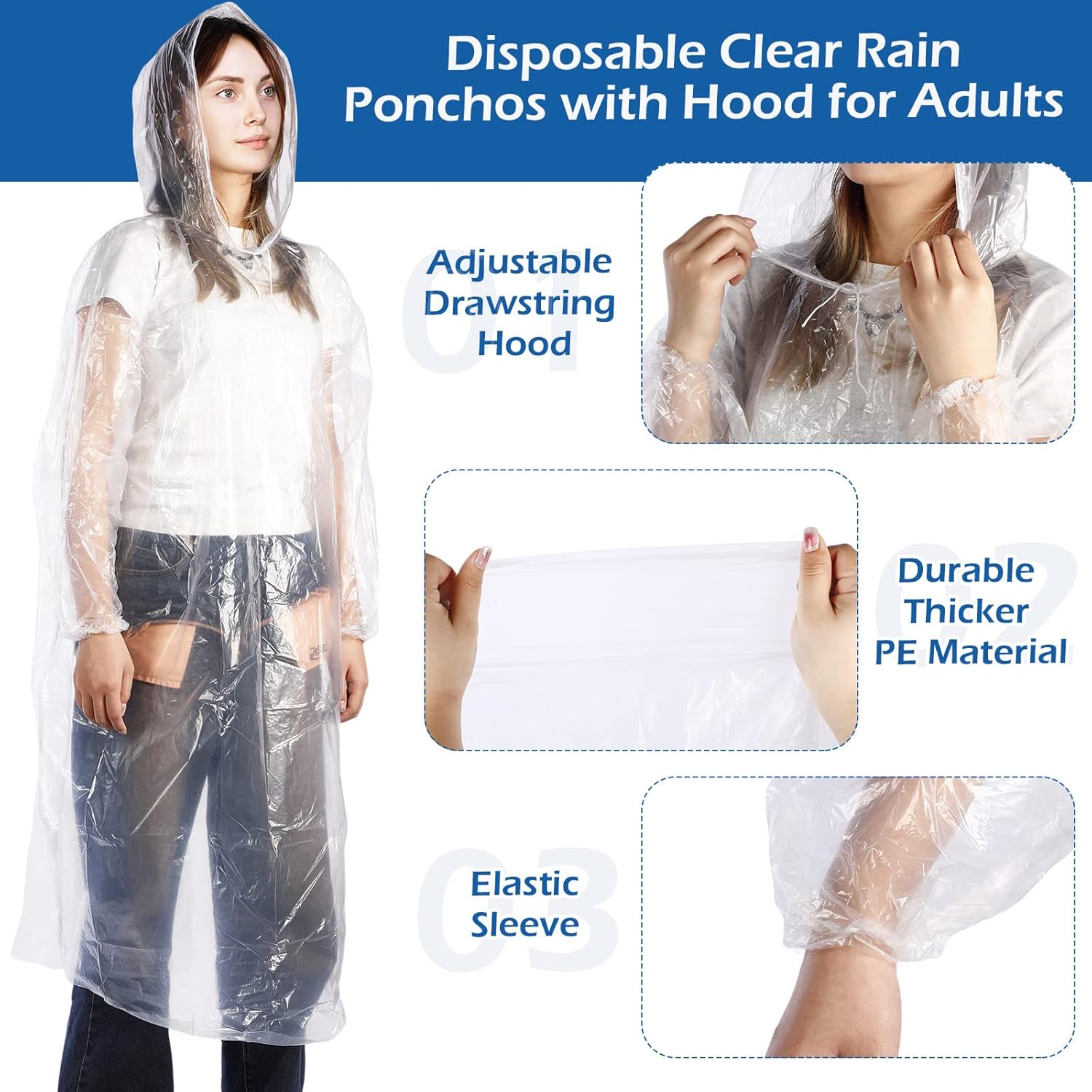 Berlune 50 Pcs Disposable Rain Ponchos for Adults Thick Disposable Ponchos Bulk with Hood Emergency Raincoats for Camping Themed Park, Clear - Image 3