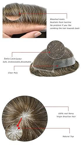 Miniatura 4 de Toupee - Sistema de repuesto de piezas de cabello humano real, encaje suizo frontal, tupé para hombres, postizos con nudo decolorado, línea de