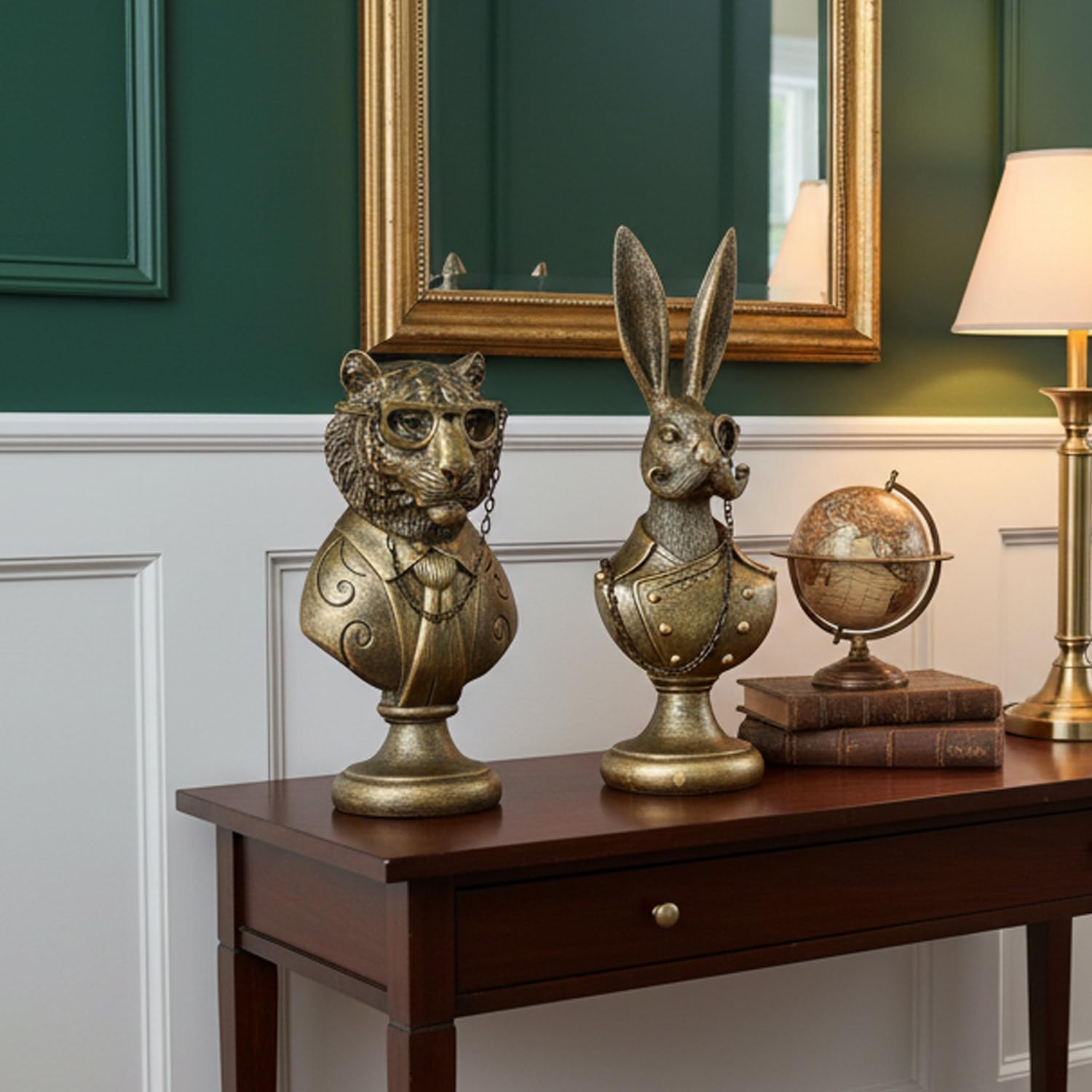 Vintage Animal Statue Sculpture Set,Gold Resin Animals Bust Figurine with Glasses & Suit, Retro Office Desk Decor for Home Living Room, Creative Gift for Animal Lovers