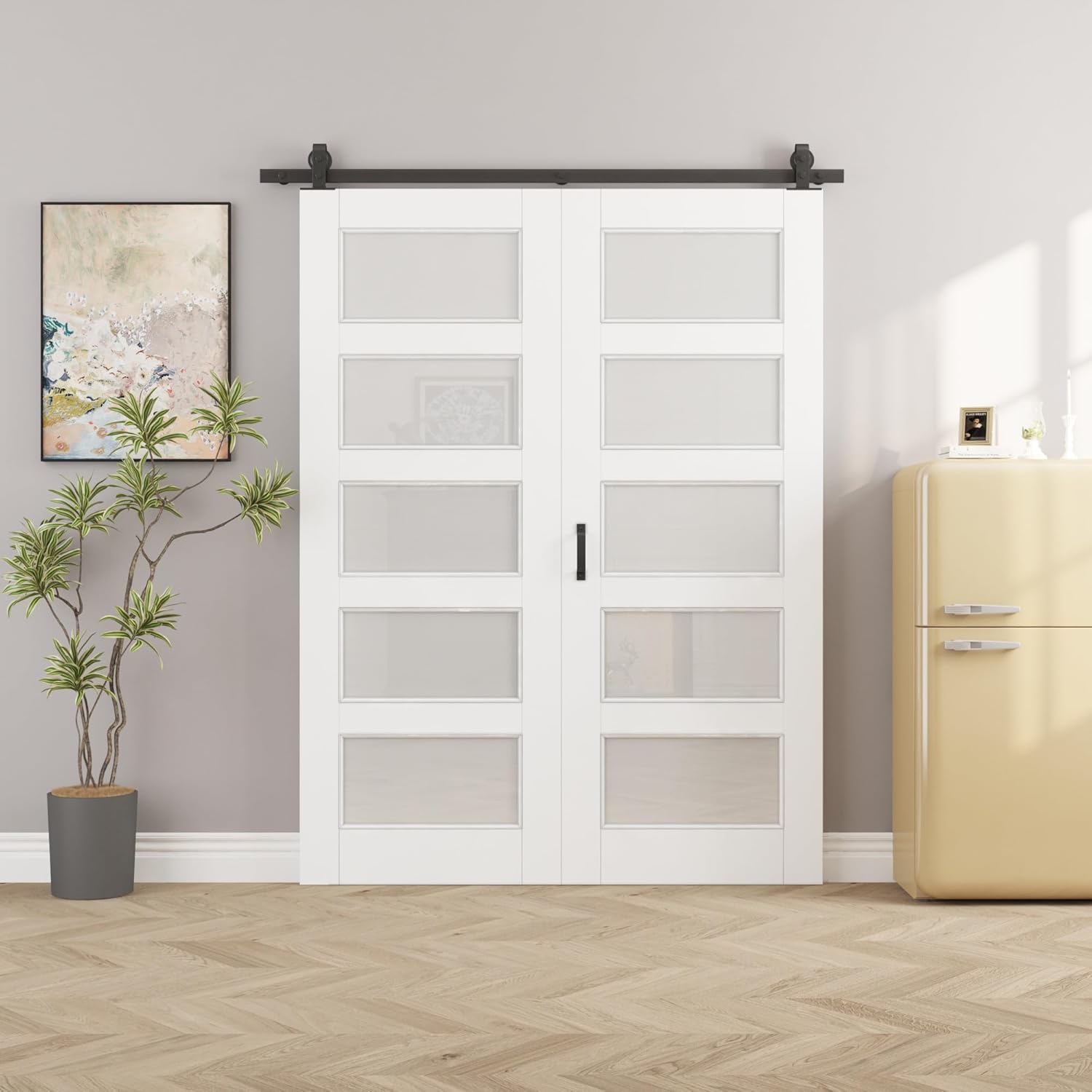 60" x 80" Pre-Assambled Solid Core Bifold Barn Door with 64" Track Hardware Kit Included, MDF 5 Panels Bi Fold Barn Doors, Sliding Closet Door with Excellent Sound Insolution, Easy to Clean, Paintable