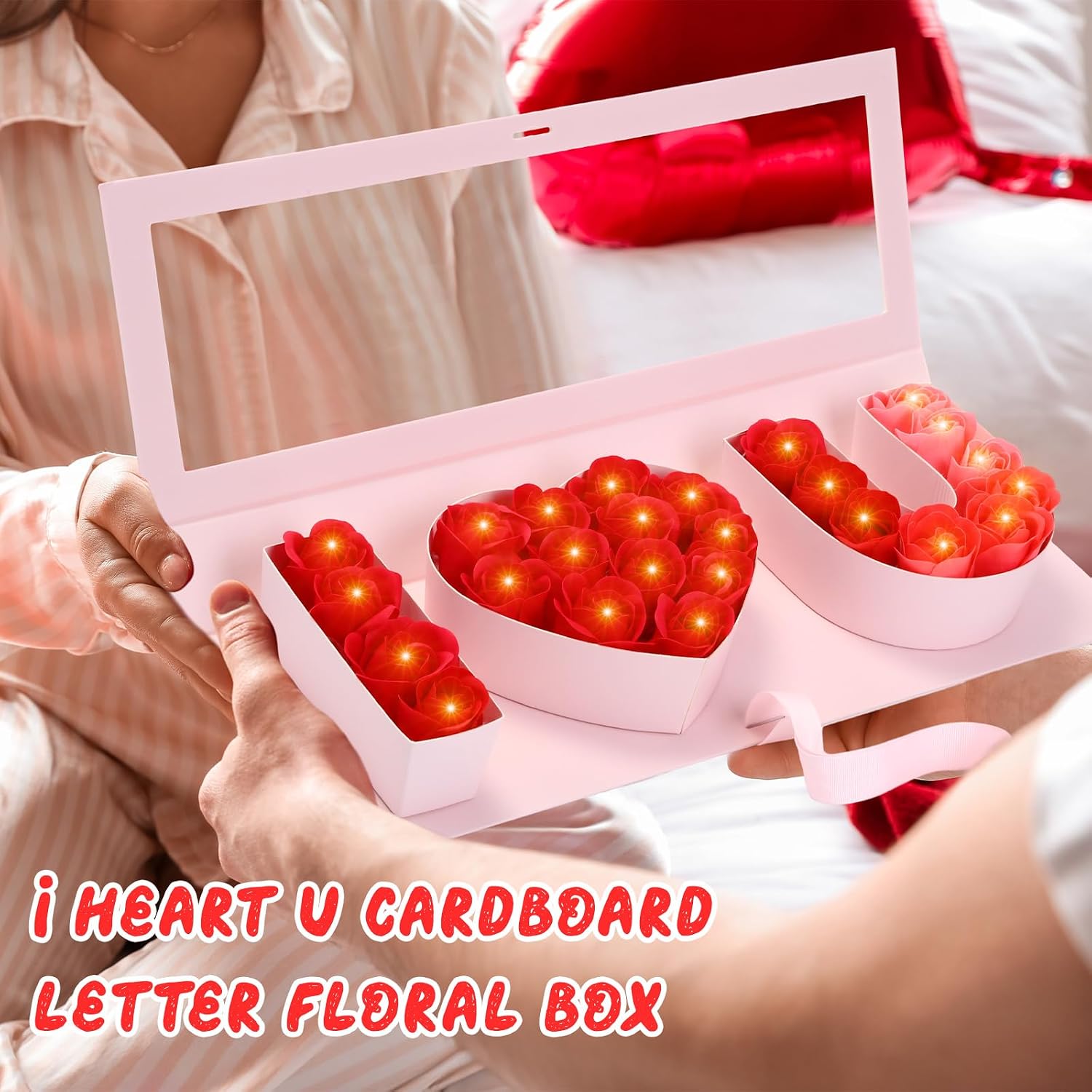 Weekgrat Empty I Love You Fillable Flower Gift Boxes with LED Light Cardboard Heart Letter Floral Boxes with Clear Window for Mother Day Valentines Gift(8 Pack,White, Pink)