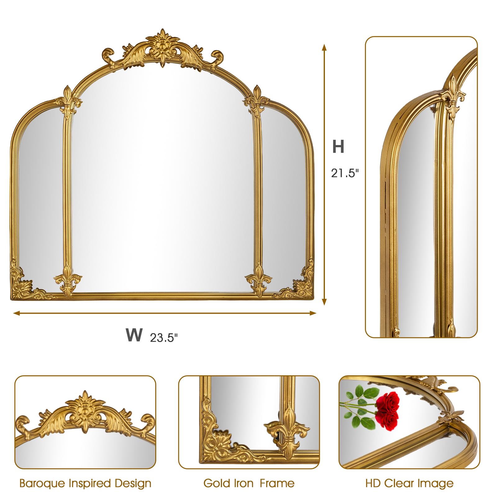 Espejo de Pared de Arco Dorado de 24 x 22 Pulgadas, Estilo Barroco con Marco de Metal, tocador, Dormitorio, baño, Entrada