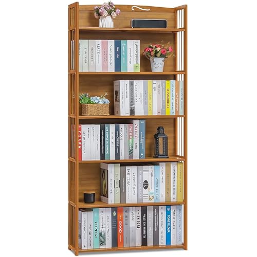 MoNiBloom Bamboo Bookshelf, 6-Tier Adjustable Tall Bookcase Rack Organizer Shelving Free Standing Storage for Living Room Study Room Balcony Office, Natural