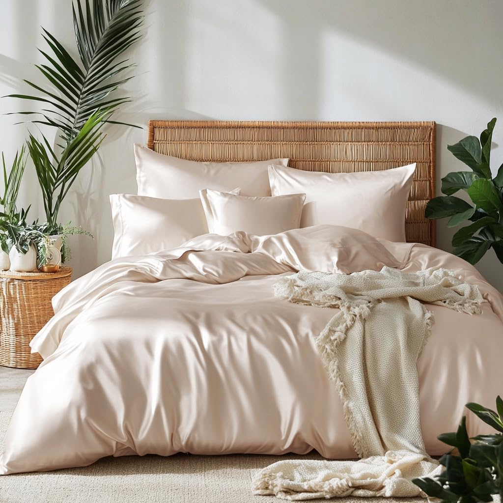 Lanqinglv Juego de ropa de cama de 220 x 240 cm de 100 % bambú Lyocell, de satén Mako, refrescante con cremallera, certificado Öko-Tex, funda nórdica de lujo lisa de 220 x 240 cm y 2 fundas de
