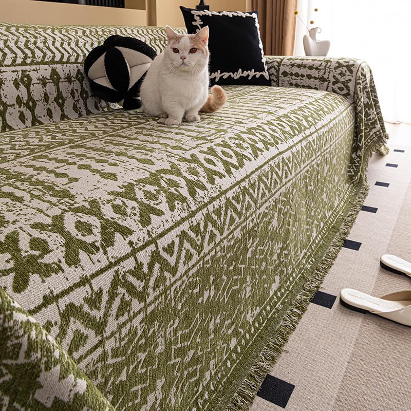 VanderHOME Plaid Reversible para Sofá, Manta Bohemia con Diseño Geométrico, Multifuncional Manta Sofa, Suave y Cómoda para Sala de Estar, Dormitorio y Decoración Hogar 180 * 460cm-Verde
