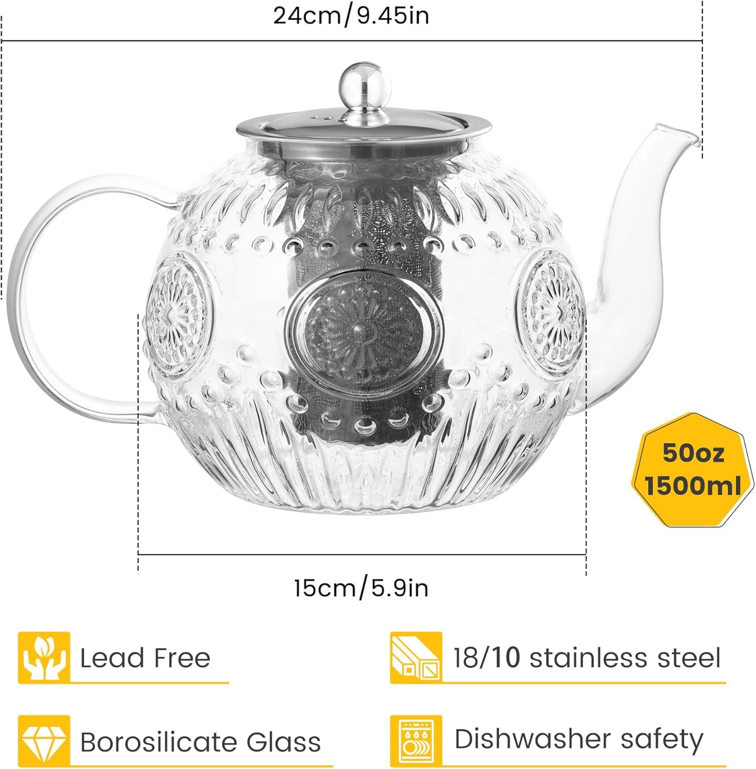 Teekanne Glas, Teekanne mit Siebeinsatz 1500ML aus Borosilikatglas Glaskanne, Deckel und Sieb aus Edelstahl ideal zur Zubereitung von losen Tees