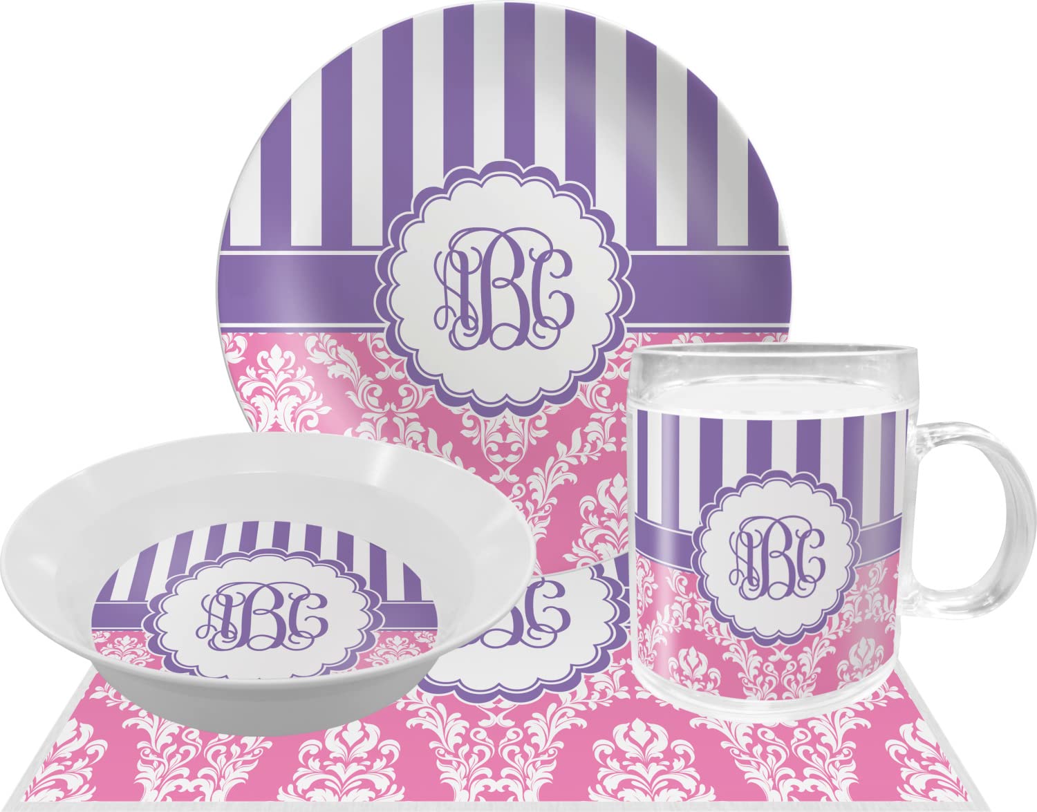 Personalized Pink & Purple Damask Melamine Bowl - 12 oz