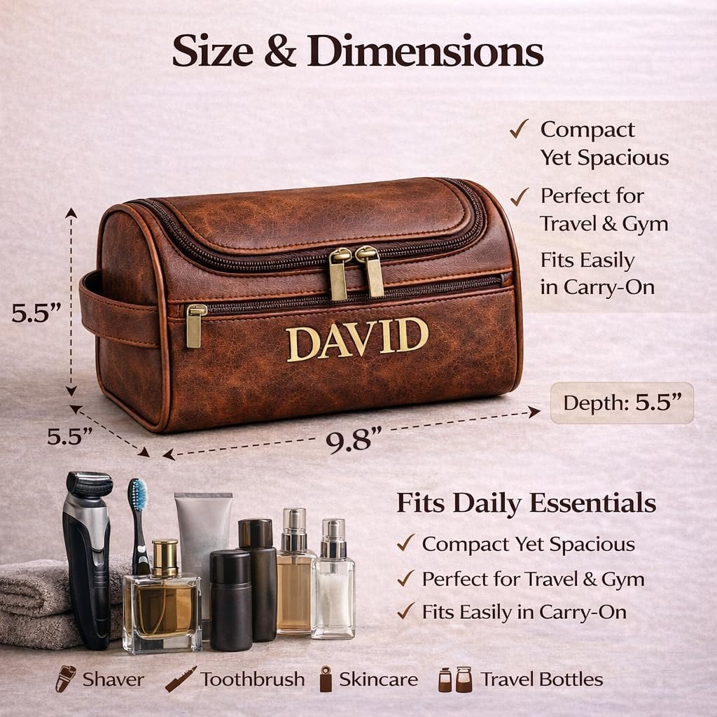 Personalized Toiletry Bag for Men, Custom Name PU Leather Travel Dopp Kit, Large Capacity Grooming Bag Organizer, Unique Gift Husband Boyfriend Dad, Birthday Father's Day Christmas Groomsmen Gift