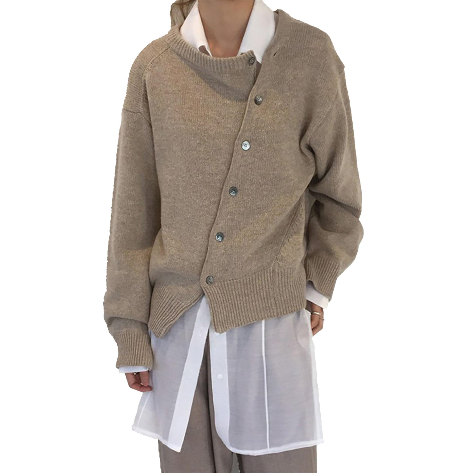 Womens Oblique Buckle Irregular Top Solid Color Round Collar T-Shirt Coat Casual Asymmetrical Button Front Blouses (Medium,Khaki)