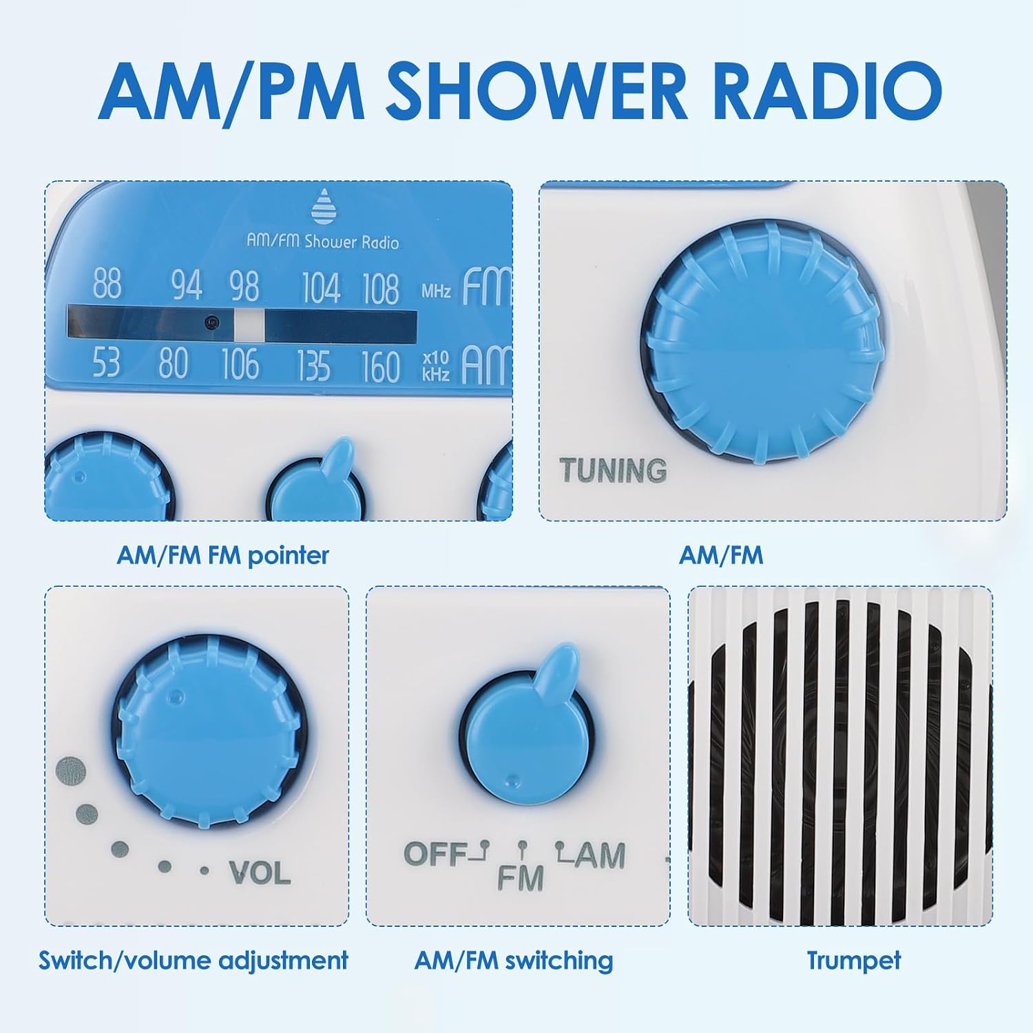 Shower Radio Built in Speaker, Hanging Bathroom Radio with Rotating Knob for Easy Tuning and Volume Control. | Bathroom Radio, Rotating Knob, Easy Tuning, Volume Control
