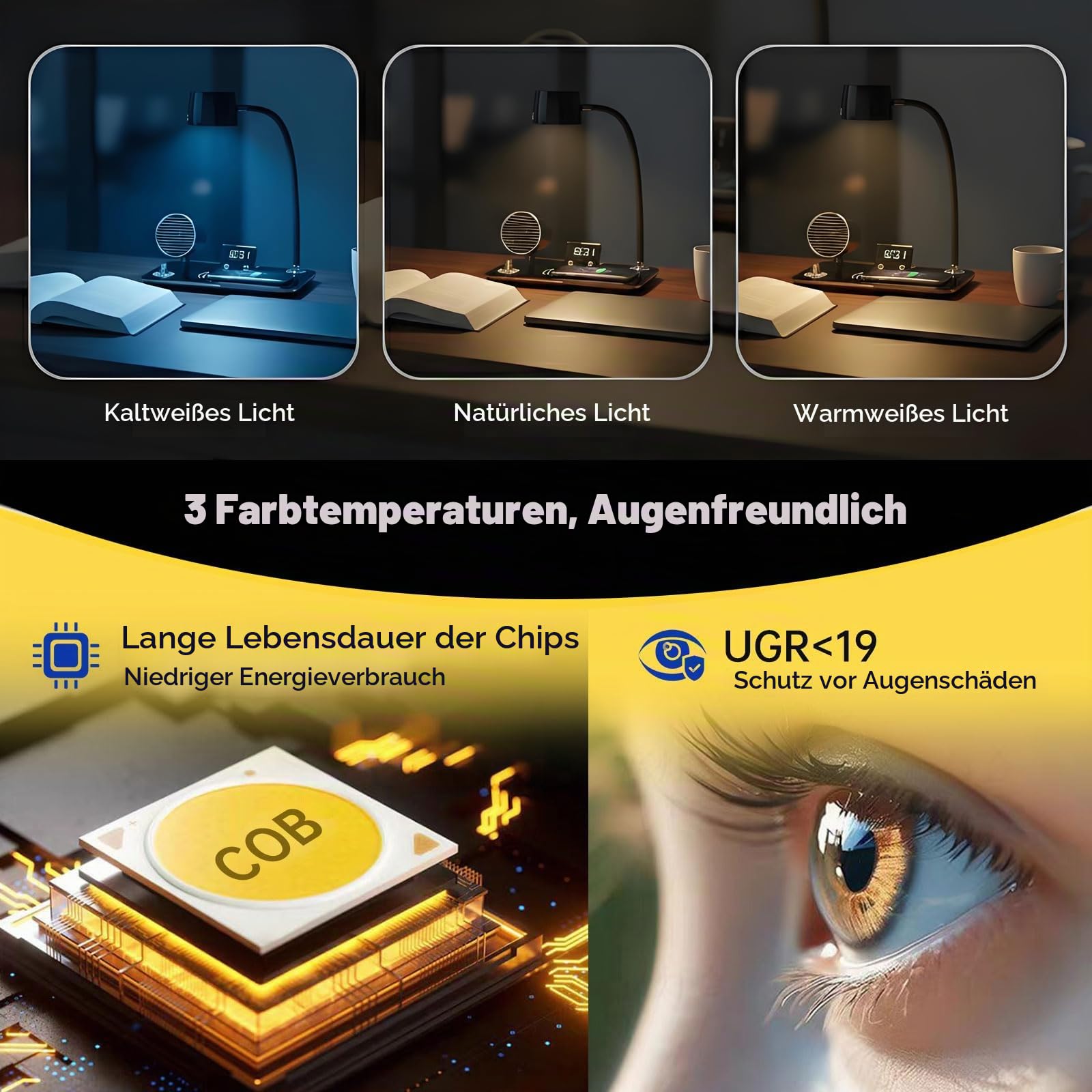 Schreibtischlampe LED mit Wireless Charger, Bluetooth, Uhr | 4-in-1 Bürolampe mit 15W Fast Ladefunktion, 3 Farbmodi, 360° Schwanenhals, für Home Office, Nachttisch