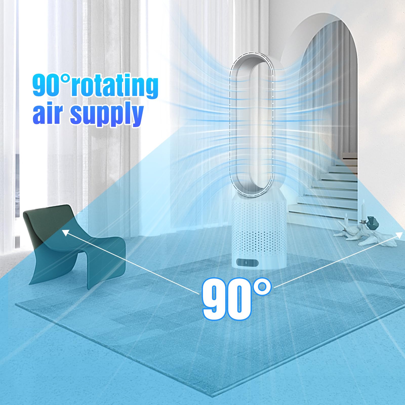 Rotorloser Ventilator mit Fernbedienung, 2in1 Turmventilator & Luftreiniger mit HEPA, 8 Geschwindigkeiten, 90° Oszillation, Timer, Weiß