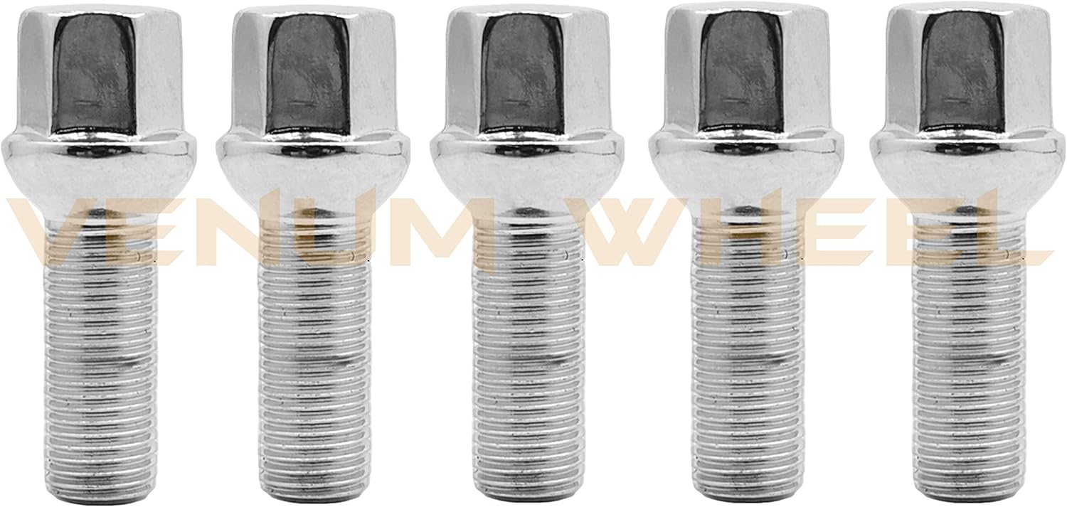 Venum wheel accessories 5 Pc Chrome 12x1.5 Ball Seat Lug Bolts 28 mm Shank Length Radius Works with Volkswagen Audi Mercedes Benz Porsche Vehicle W/Factory Wheels