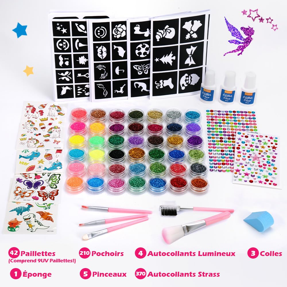 Bledras Kit Tatouage Paillettes Enfant, 42 Couleurs Imperméable Tatouage Temporaire à Paillettes, 210 Pochoirs, 5 Pinceaux, 3 Colles, Coffret Cadeau Fille, pour Anniversaire Carnaval Cosplay Fête