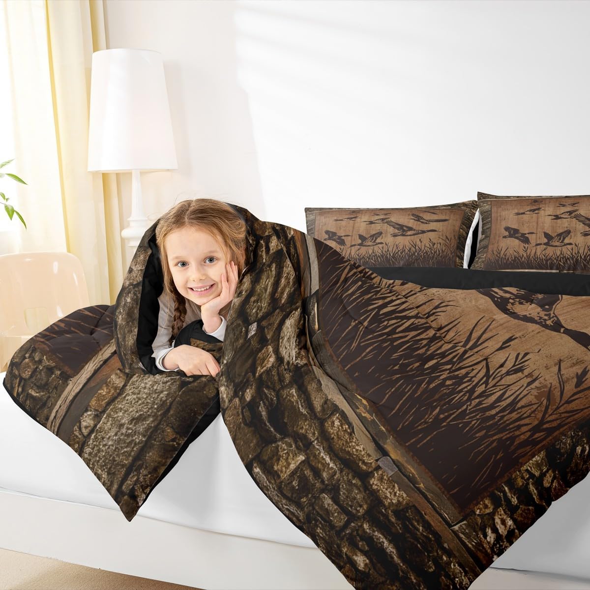 Feelyou Kids Mallard Duck Bedding Set Twin Size Hunting Fishing Theme Comforter Set for Boys Girls Teens Bedroom Decor Cabin Farmhouse Duvet Quilt Vintage Stones with 1 Pillow Case