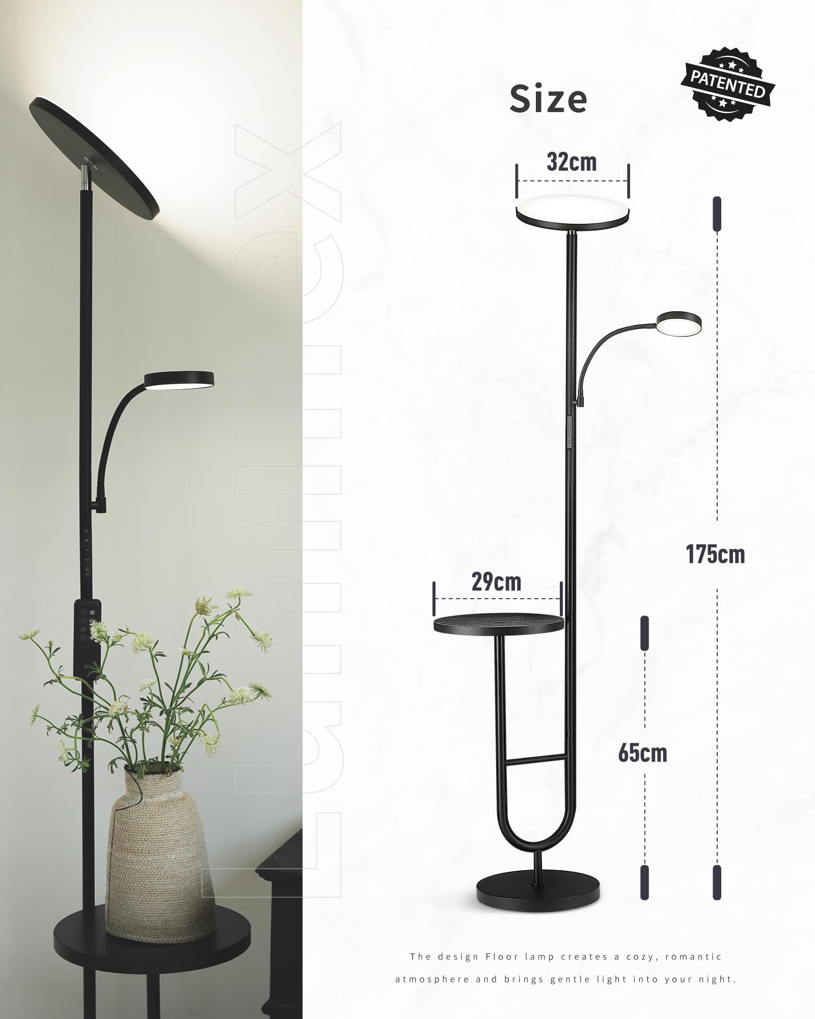 Lámpara de Pie LED con Mesa, 36W+7W Regulable 3200LM+600LM con Mando, Cabezal Giratorio 350°, 2700K-6500K, Lámpara Moderna para Salón Negra