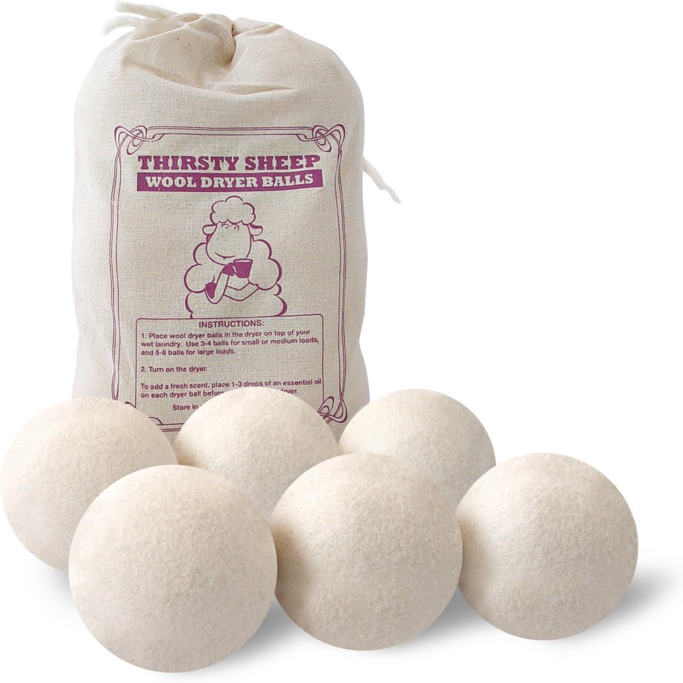 Cute Sheep Wool Dryer Balls XL for Laundry (Set of 6) - Reusable Fabric Softener and Natural Drying Aid