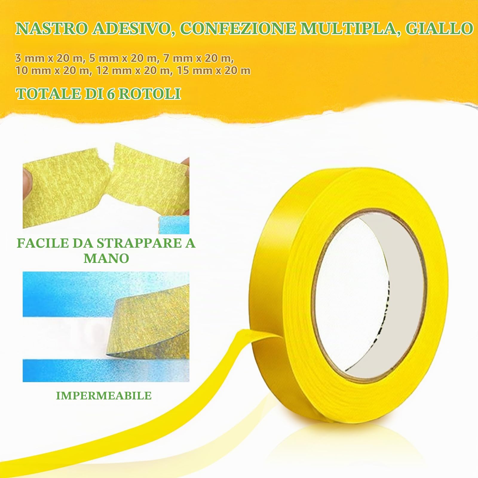 6 Rotoli di Nastro Adesivo,nastro adesivo carta,nastro mascheratura,nastro per mascheratura,Nastro Adesivo Giallo 3/5/7/10/12/15mm,Adatto per Artigianato,carrozzerie e Decorazioni Fai-da-Te