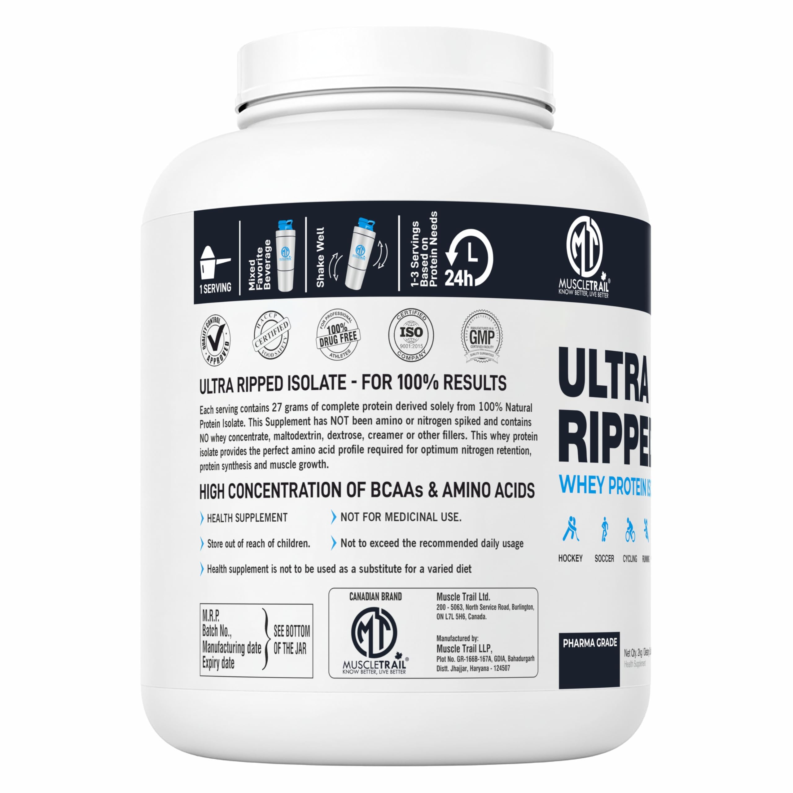 MuscleTrail Pharma Grade Ultra Ripped Whey Protein Isolate - Premium Protein for Men & Women - 27g Protein per Serving - Supports Muscle Growth, Strength & Recovery - L-Carnitine (2KG, Cookies & Cream) — Amazon image 3