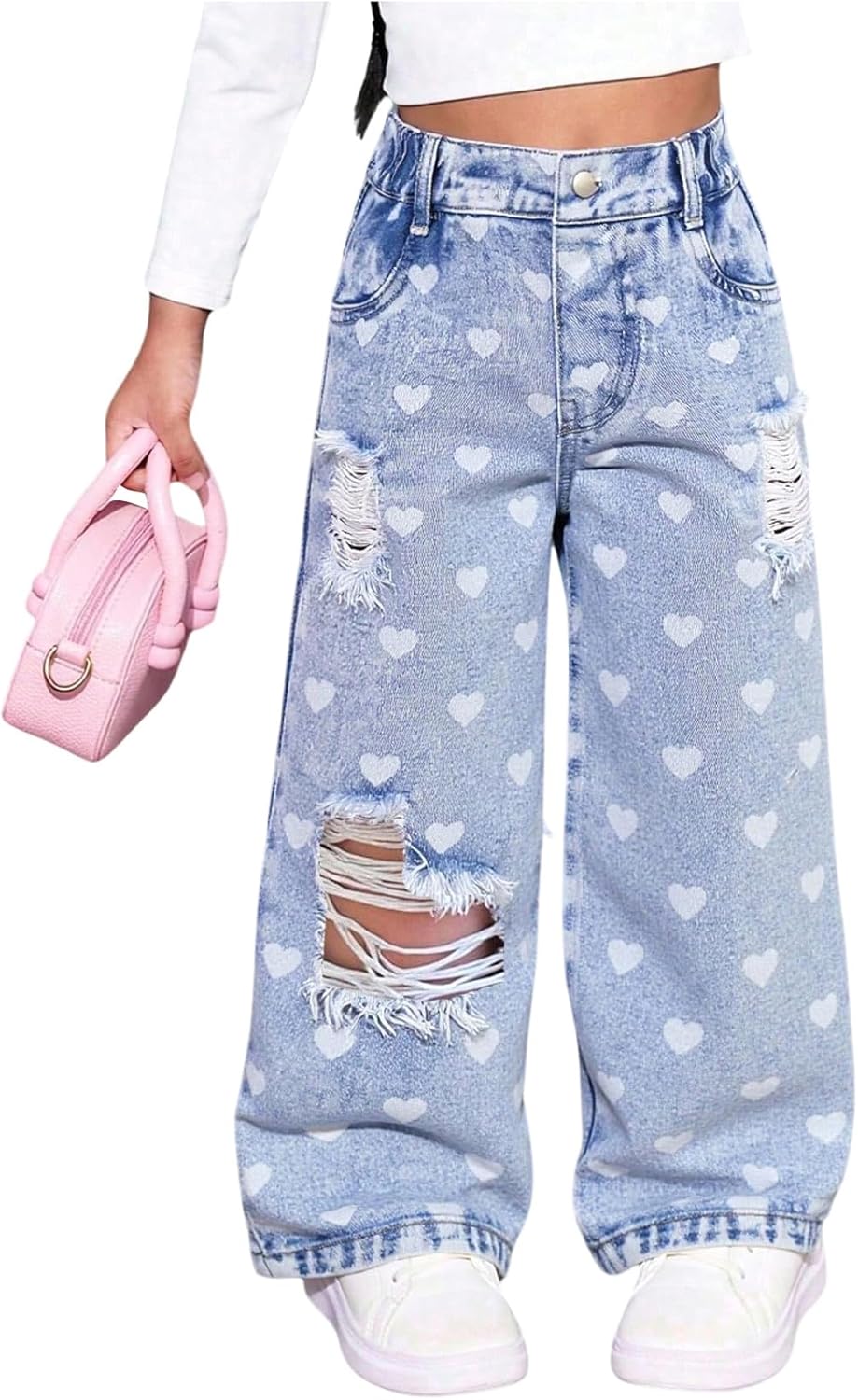 WDIRARA Toddler Girl's Heart Print Ripped Jeans High Waisted Baggy Denim Pants