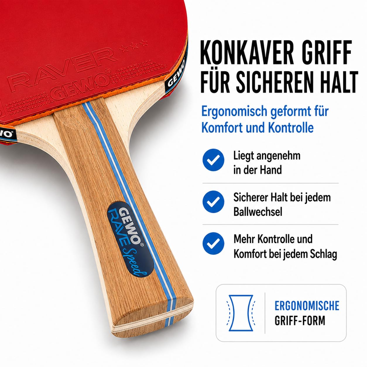 GEWO Rave Speed Tischtennisschläger Set - Kontrollierter Anfänger-Tischtennisschläger mit 3 Bällen - Komplettschläger mit ITTF-Belag, hohe Kontrolle und Geschwindigkeit, konkav, 2mm Dicker Schwamm