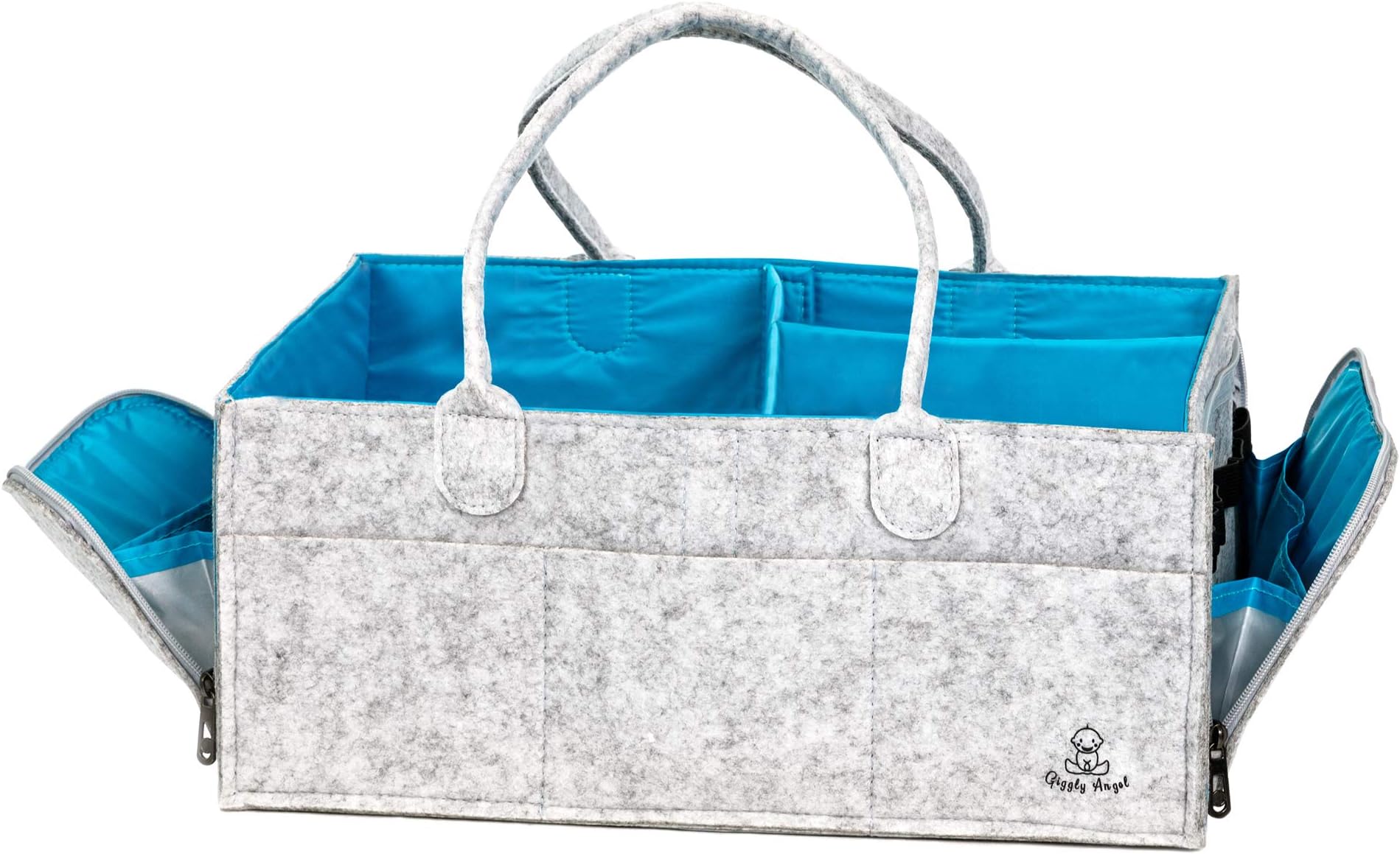 Baby Diaper Caddy Organizer - Extra Large Waterproof Baby Nursery Organizer Bin with 2 Zipper Side Pockets, Portable Foldable and Customizable Baby Storage Basket - Giggly Angel