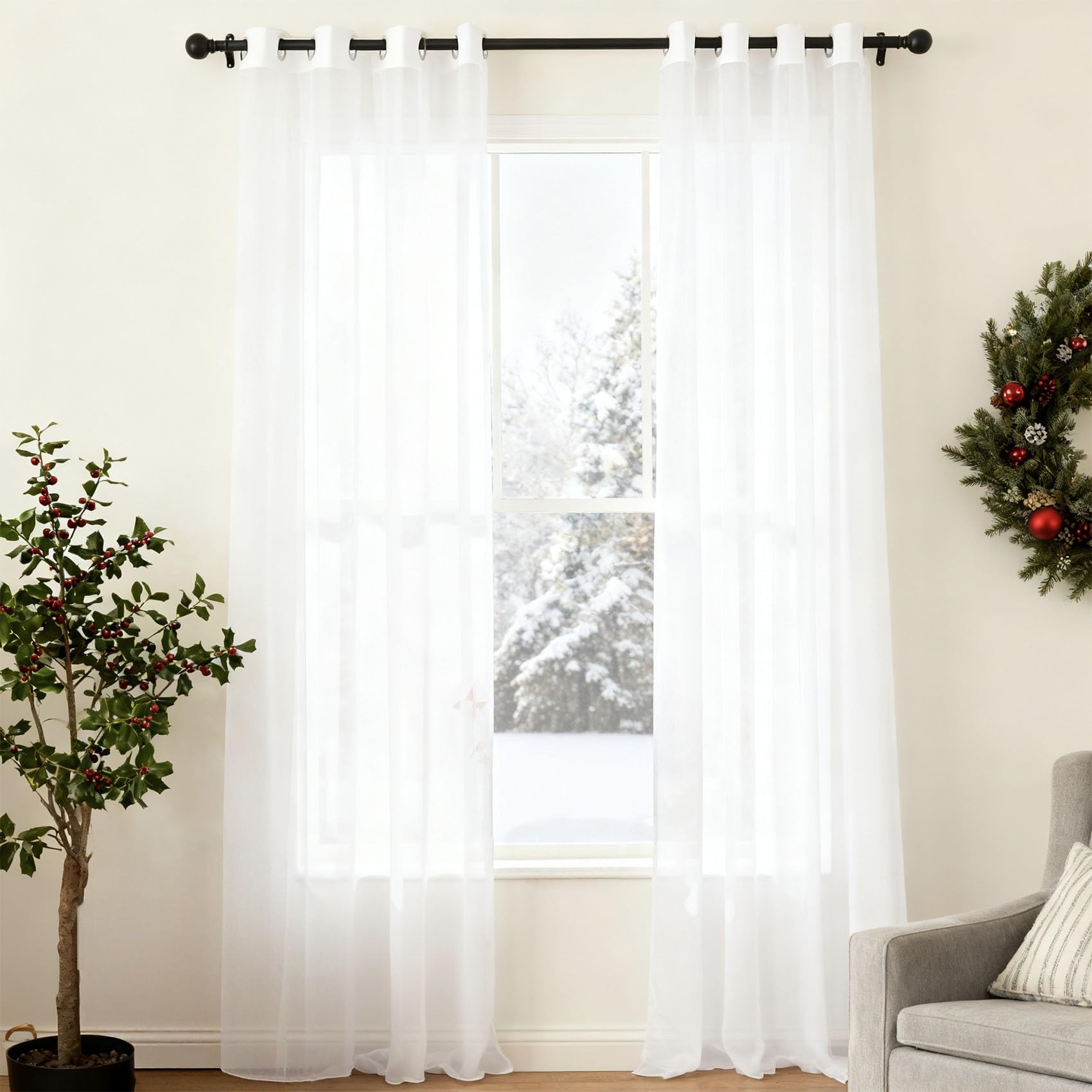 Cortina semiopaca blanca de 165x50 cm con ojales lista para colgar en el balcón