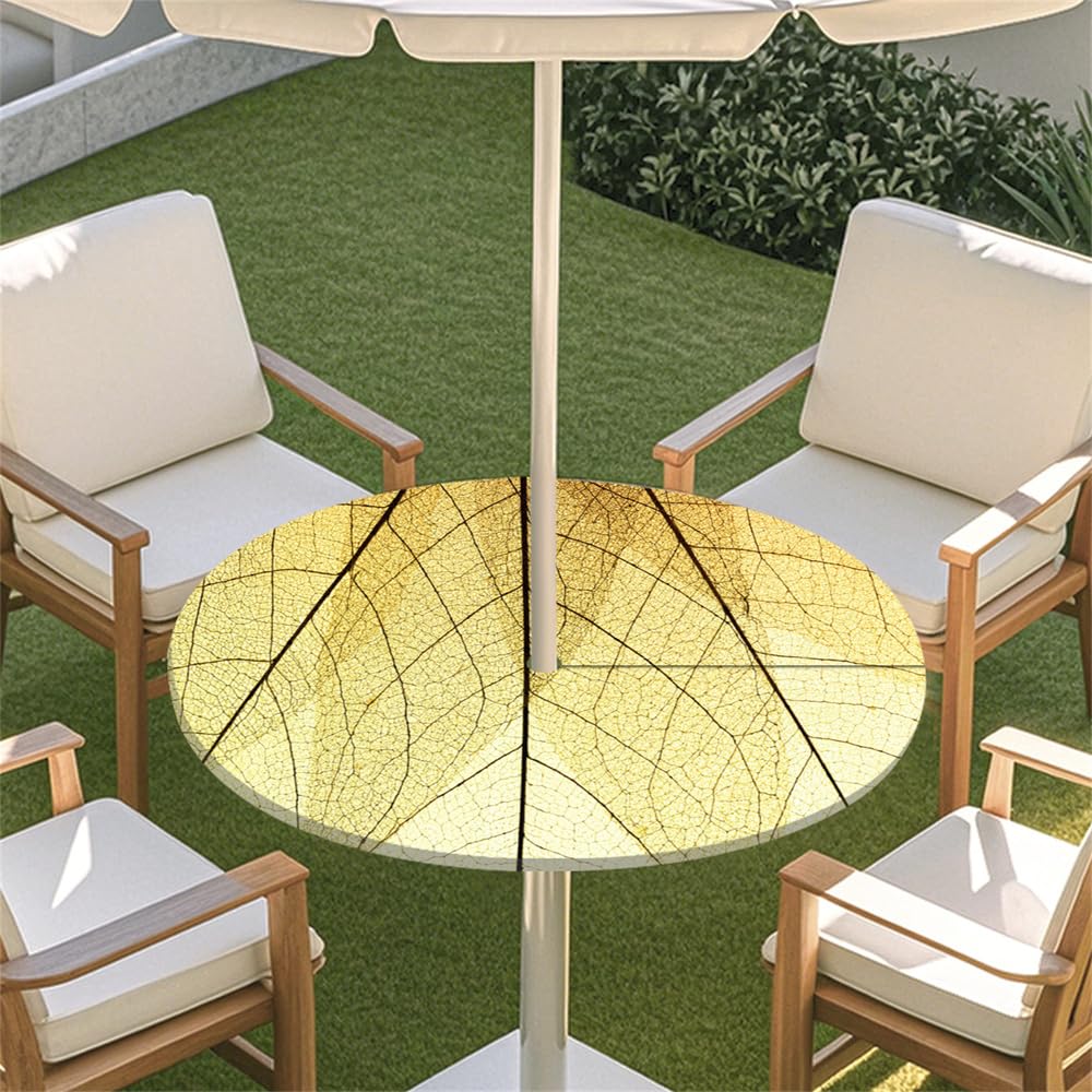 Surwin Outdoor Round Tablecloth with Parasol Umbrella Hole Zipper, Elastic Edge Fitted Protector Round Table Cloth Waterproof Table Cover for Garden BBQ Party -Summer Leaf (Light Yellow,M(91-112cm)