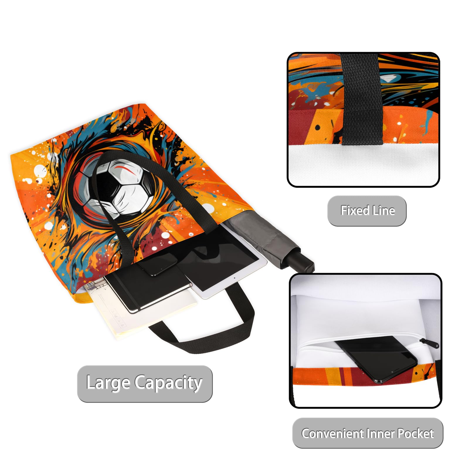 Mularoka Watercolour Football Large Capacity Canvas Tote Bag Stylish Handheld Shoulder Bag Reusable Shopping Bag for Work Travel Beach Trips Shopping