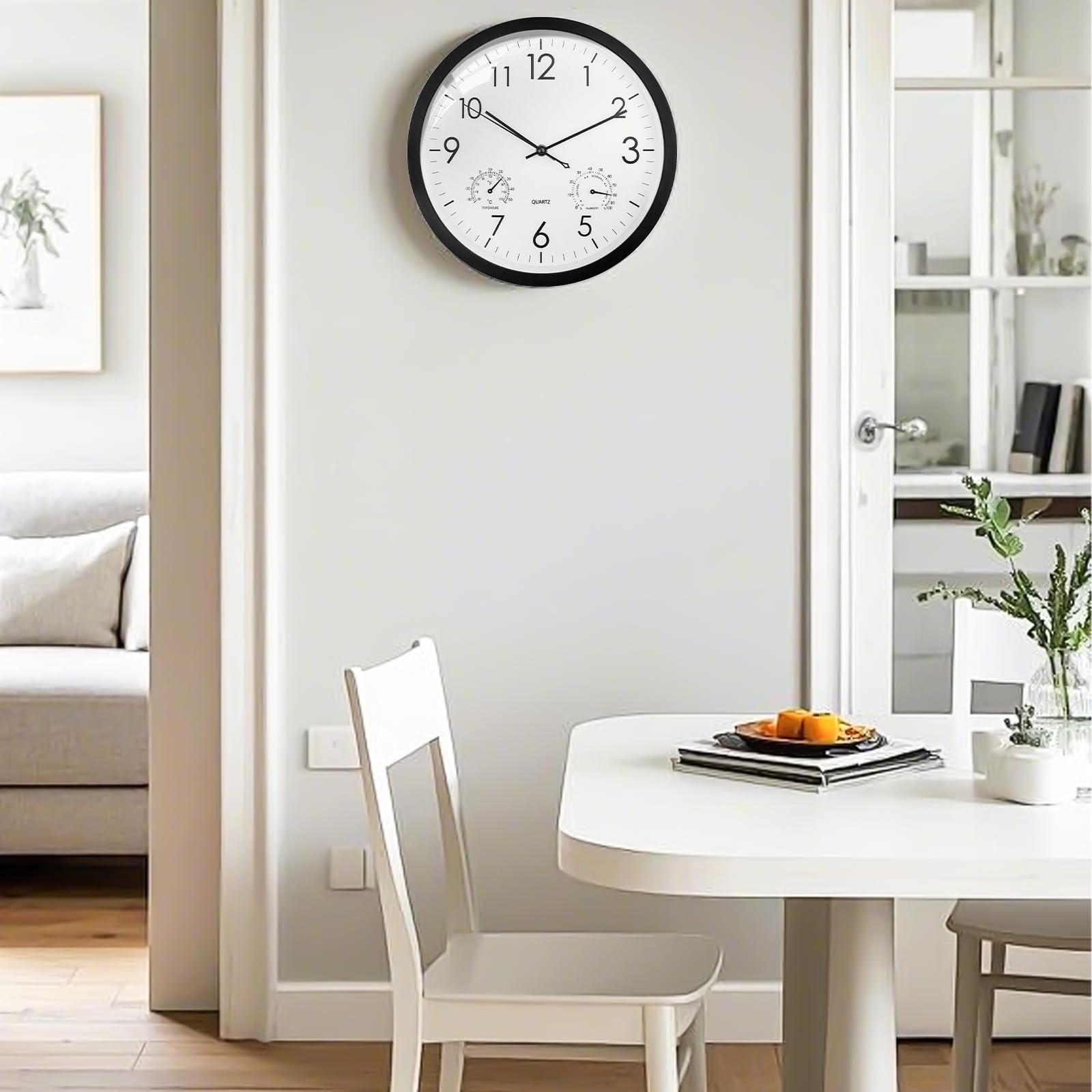 wasserdichte Wanduhr mit Thermometer Hygrometer Geräuschlose Outdoor Wanduhr, Große Analoge Gartenuhr aus Kunststoff 30cm für Badezimmer Garten Küche