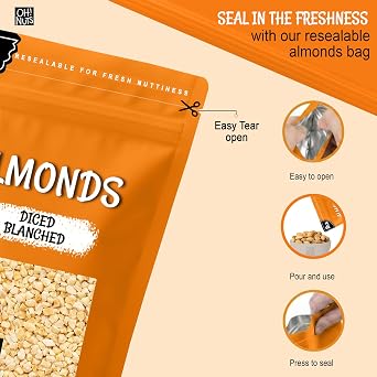 Oh! Nuts Almonds Diced Blanched - Raw - 100% Natural - 2 lb - High-Protein Diced Almonds - Packed in New York Zip-Seal Bag for Exceptional Freshness