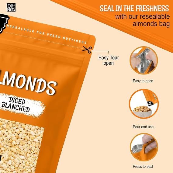 Oh! Nuts Almonds Diced Blanched - Raw - 100% Natural - 2 lb - High-Protein Diced Almonds - Packed in New York Zip-Seal Bag for Exceptional Freshness